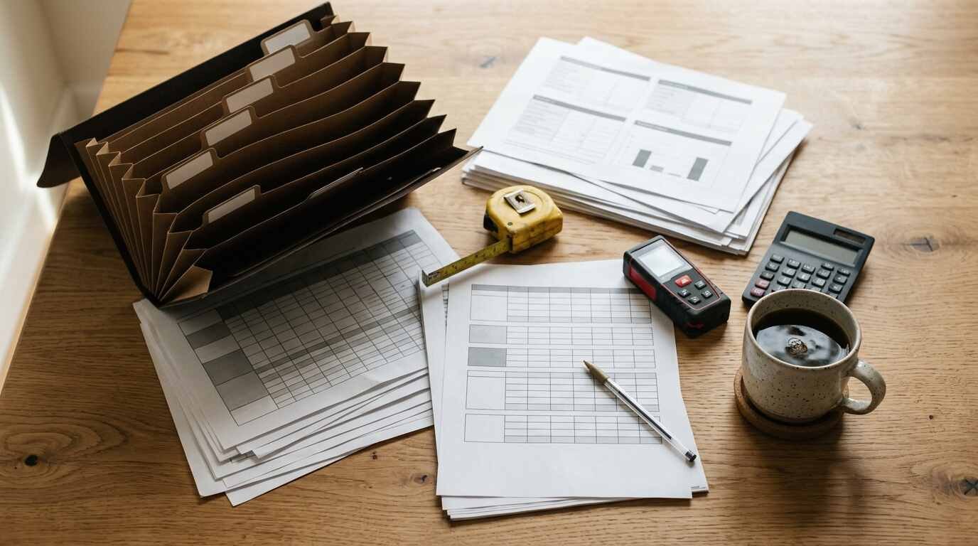 Flat-lay of folders, measuring tools and coffee for an assessment appeal