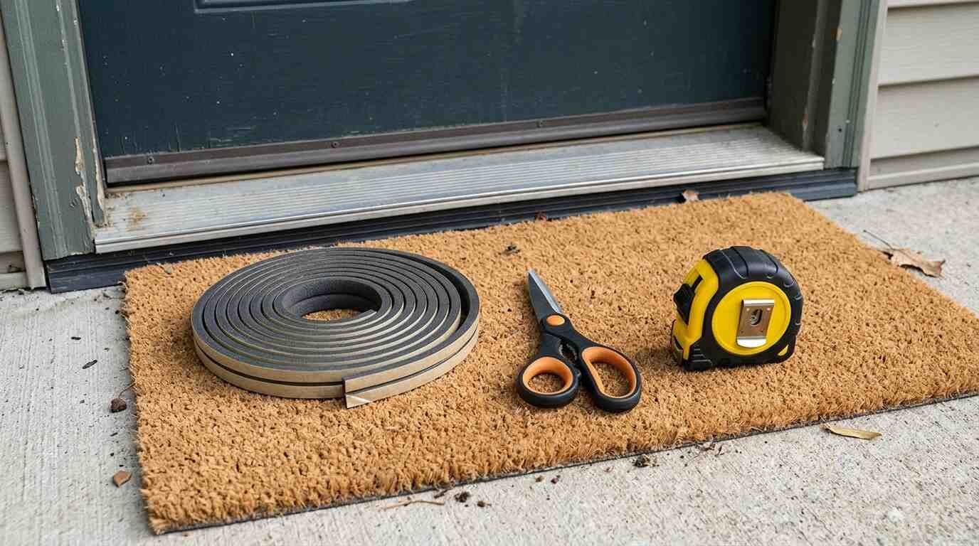 Tape measure, scissors and weatherstripping beside a door