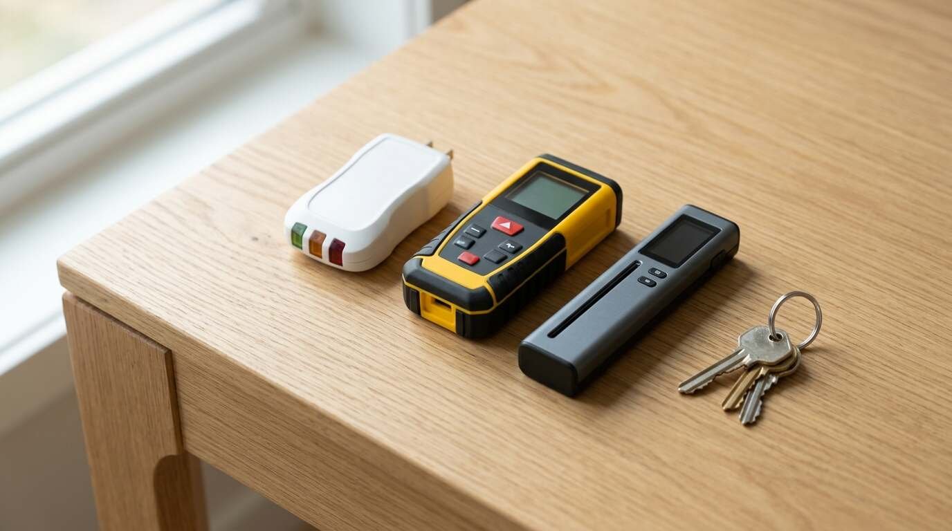 Outlet tester, laser measure and portable scanner beside house keys