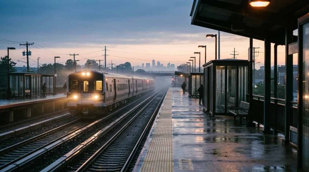 Long Island train arriving at dawn