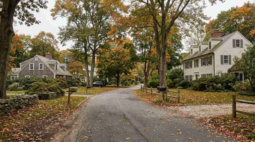 Tree-lined North Shore street in early autumn with colonial and Cape-style houses
