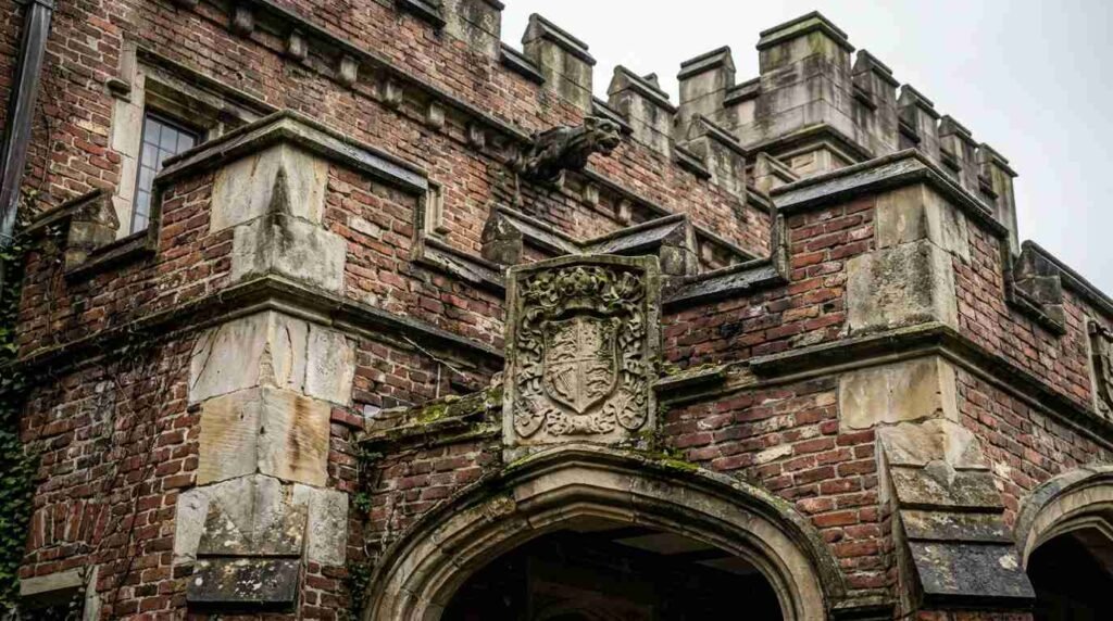 Tudor Revival estate facade with a stone entry arch