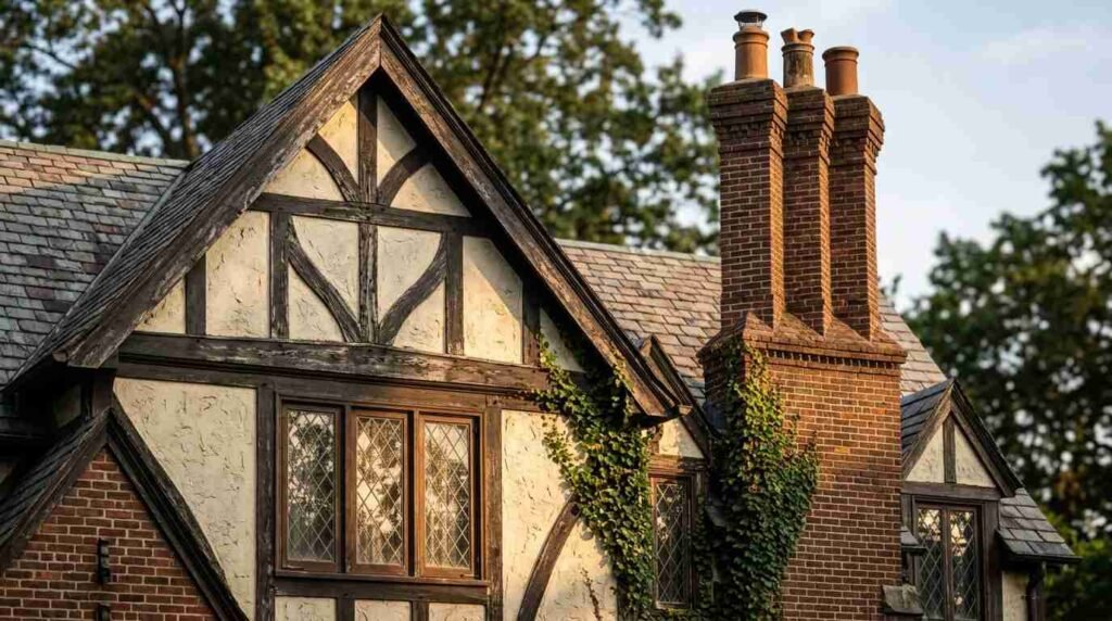 Tudor Revival gable with half-timbering and chimney pots on the North Shore