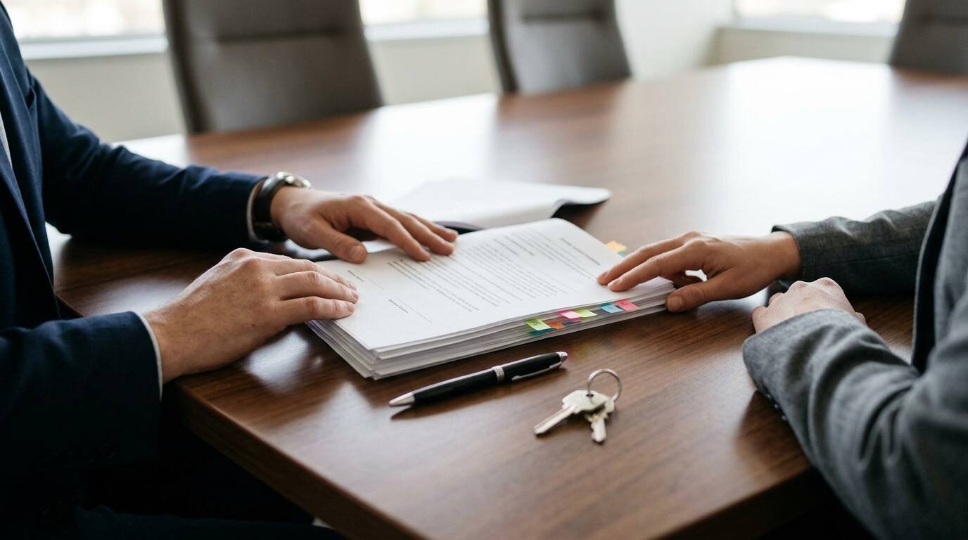 Hands reviewing closing paperwork across a conference table