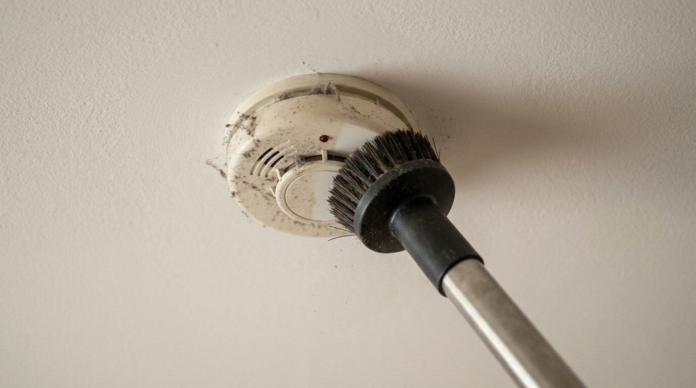 Vacuum brush attachment cleaning dust from a smoke detector