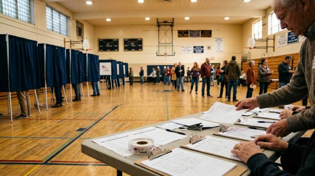 School gymnasium set up as a polling place with voting booths