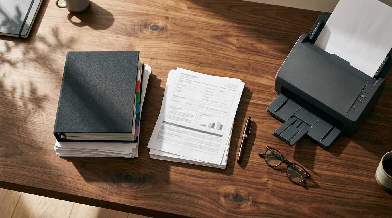 Overhead view of a walnut desk with an application binder, fountain pen and scanner