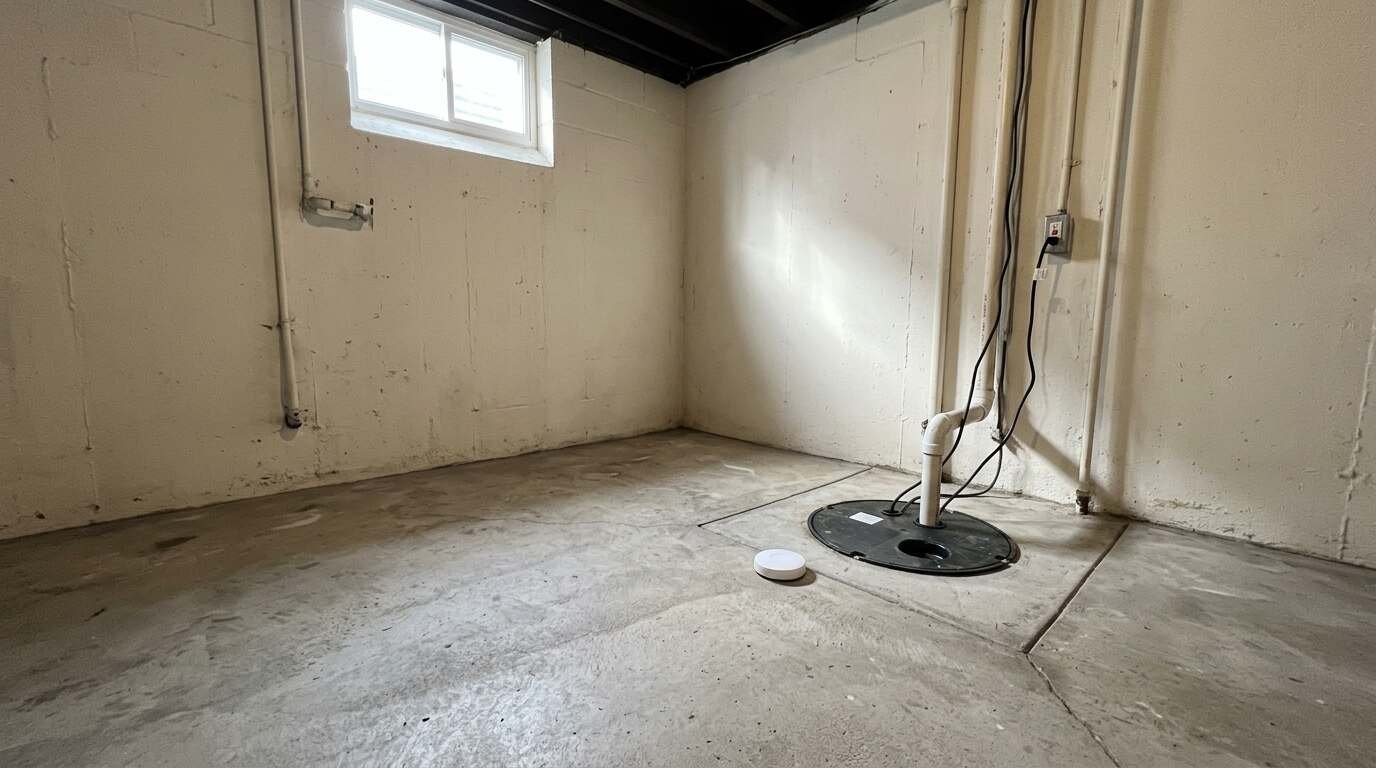 Water leak sensor on a dry basement floor beside a sump pump