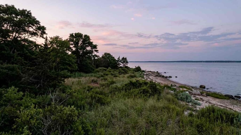 Undeveloped waterfront lot with mature trees at dusk on the North Shore
