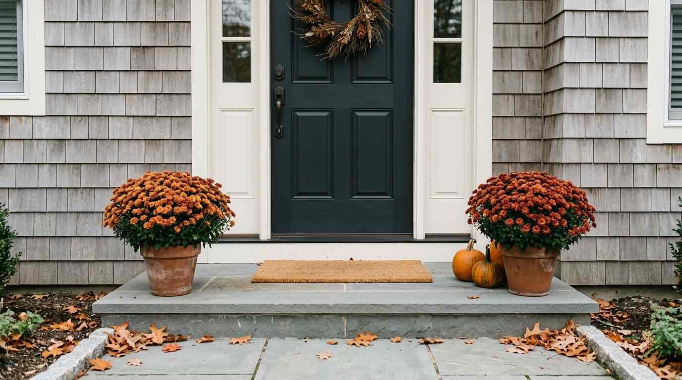 Front entry of a shingled Long Island home with potted mums