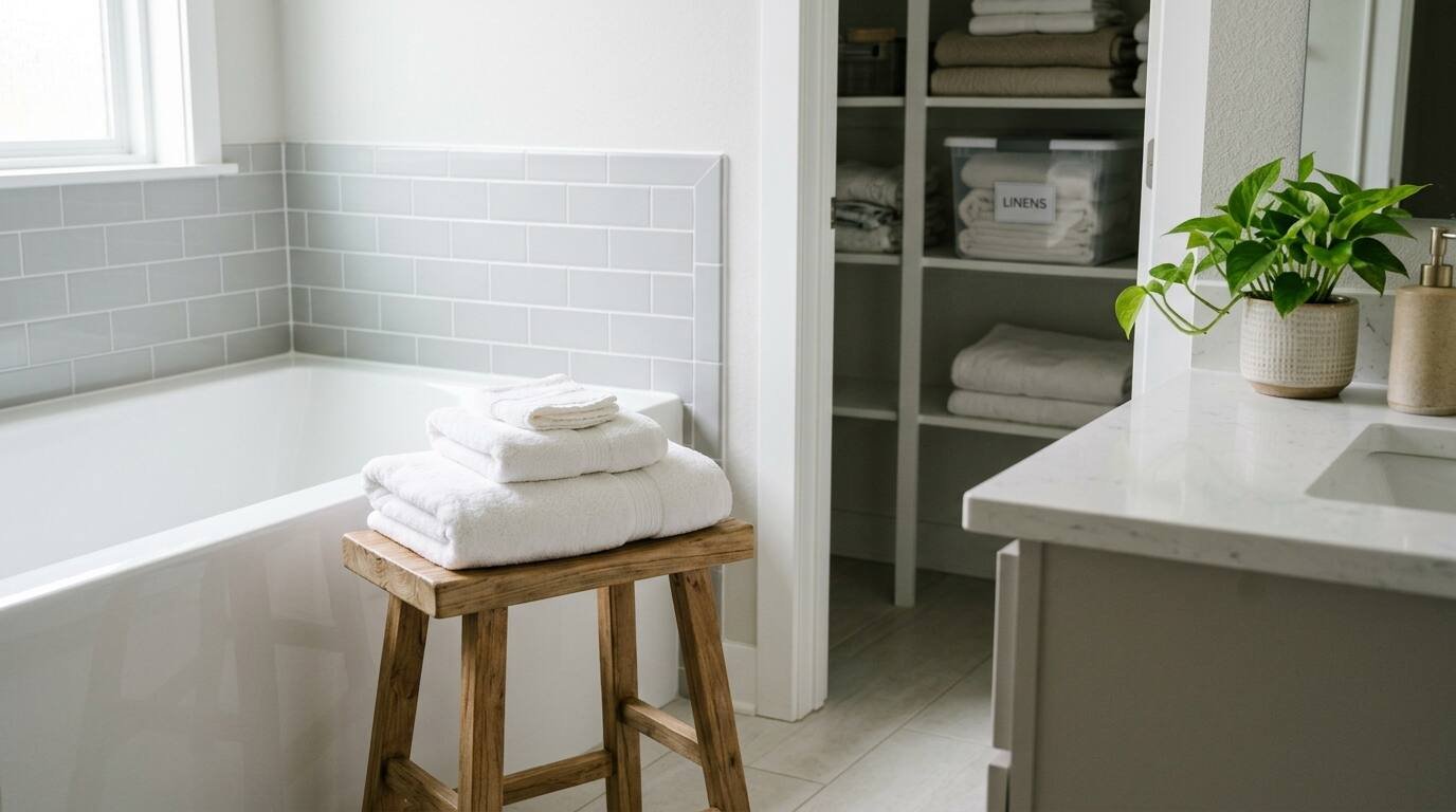 Guest bathroom with folded white towels on a wood stool