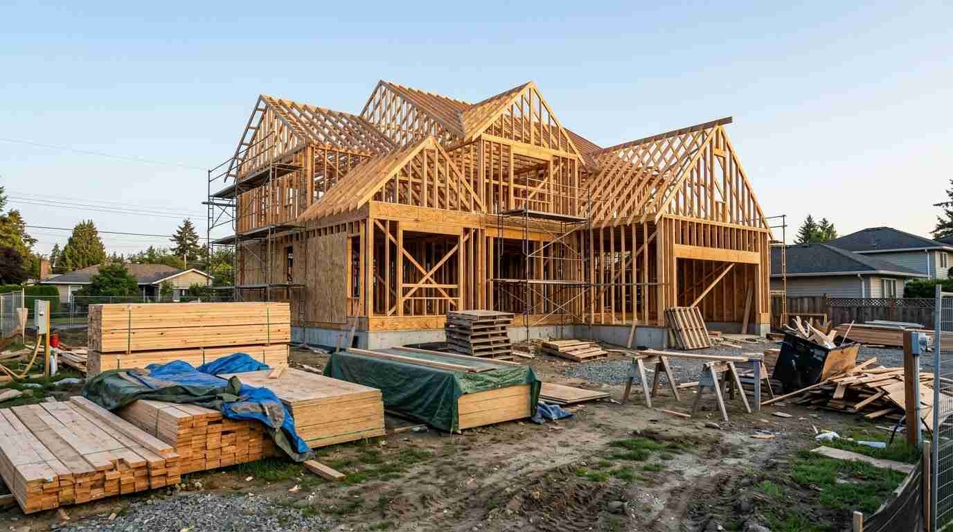 The wooden frame of a new single-family house under construction with stacked lumber against a blue sky