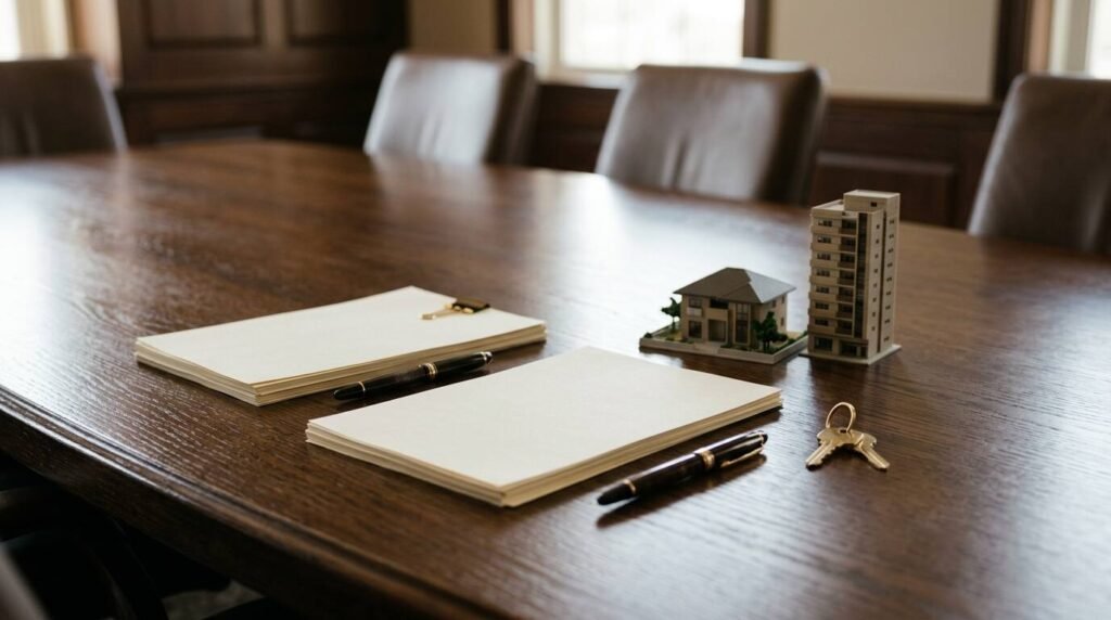 Closing table with documents, pen and keys