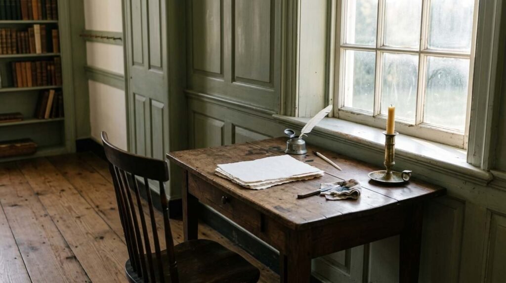 Restored 18th-century study with a writing desk beneath a sash window
