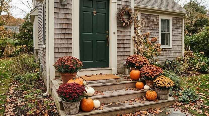 The front steps of a shingled Cape Cod house with a green door, potted mums and pumpkins in autumn