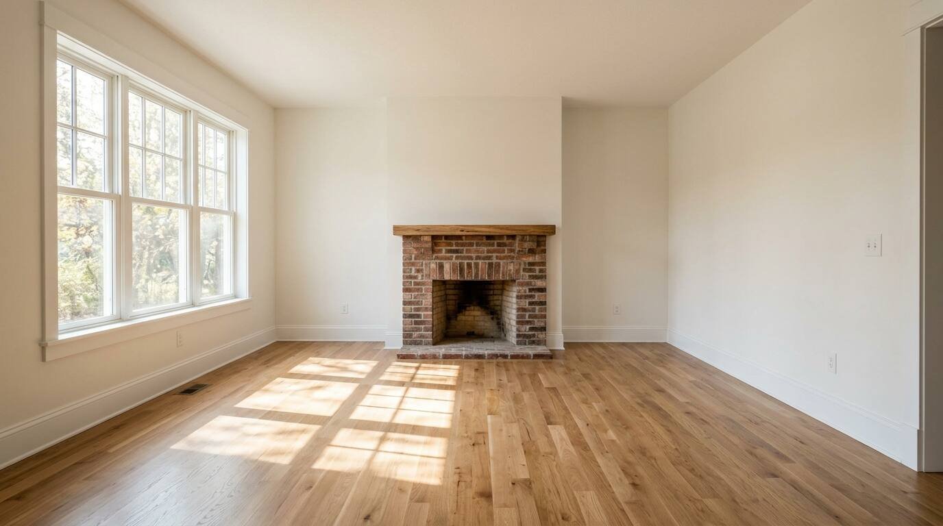 An empty sunlit living room with hardwood floors, a large window and a brick fireplace