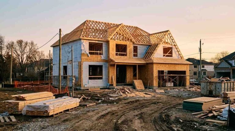 A new-construction suburban house under construction with wooden framing and house wrap, lumber stacked in the yard at golden hour