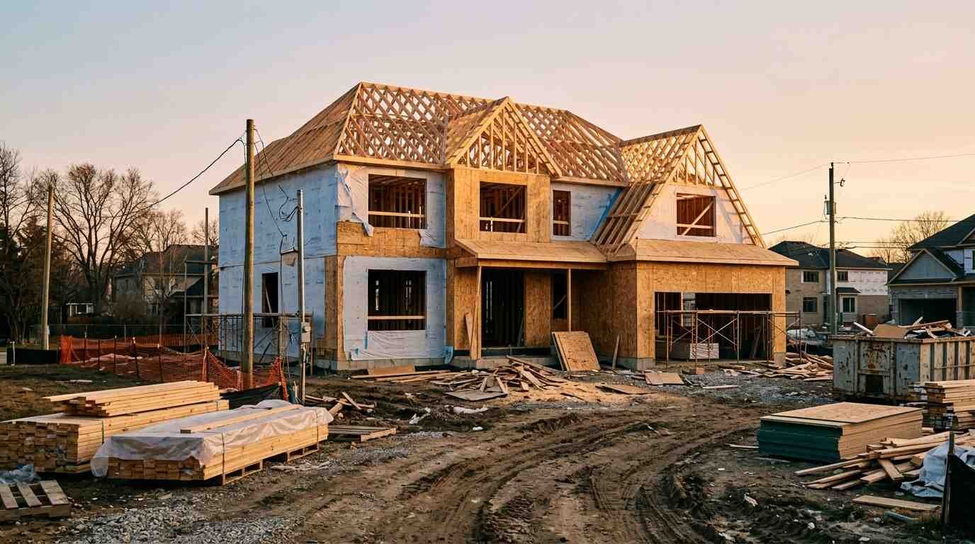 A new-construction suburban house under construction with wooden framing and house wrap, lumber stacked in the yard at golden hour