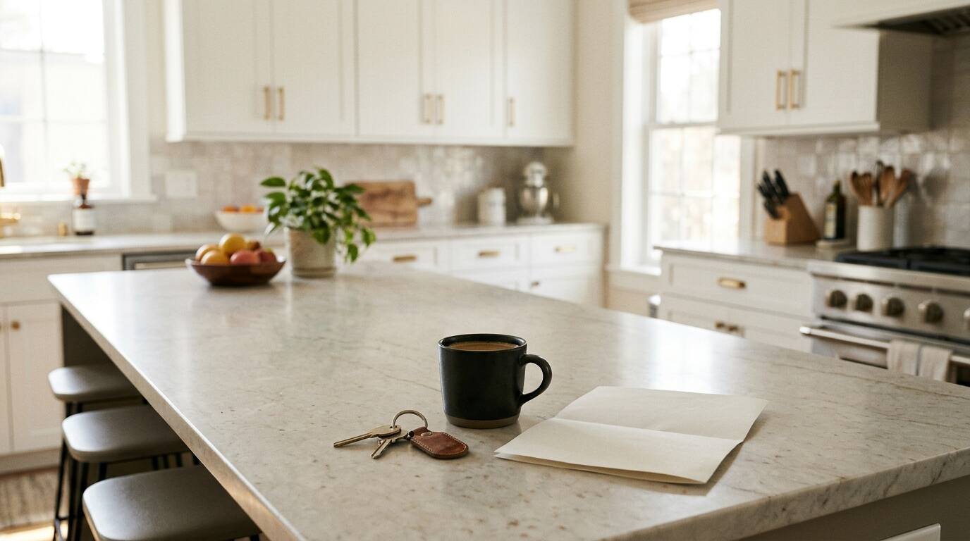 A set of house keys, a coffee cup and a folded paper on a marble kitchen island in a bright white kitchen