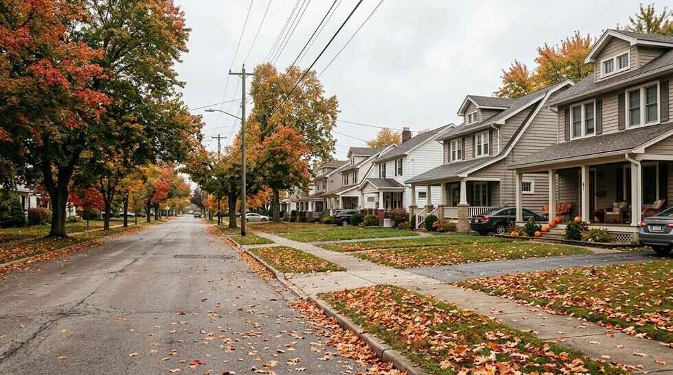Quiet suburban street in autumn with maple leaves on the lawns and a row of detached houses with porches