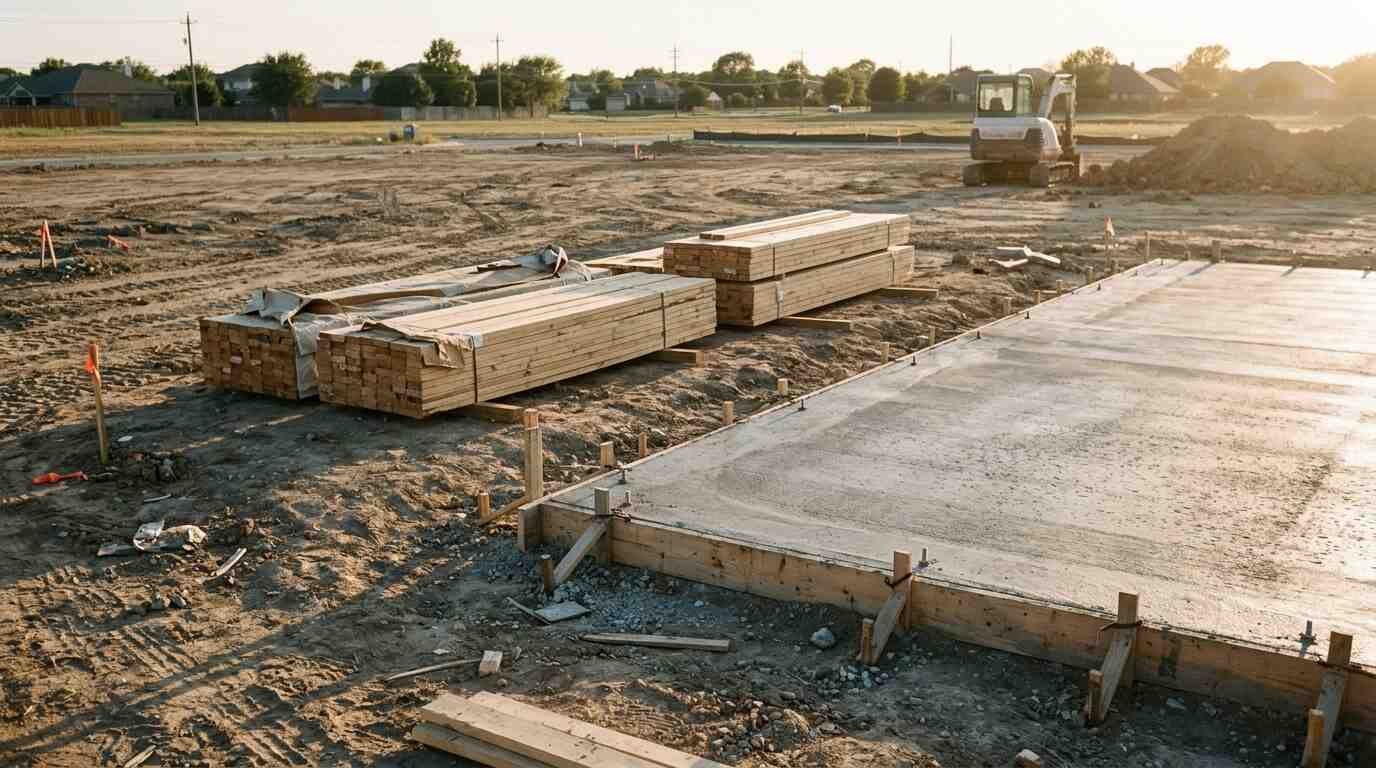 Freshly poured concrete foundation slab beside bundles of framing lumber on a graded lot with an excavator in the distance
