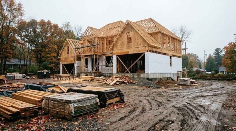 Wooden frame of a new house under construction on a muddy suburban lot with stacked lumber and autumn trees
