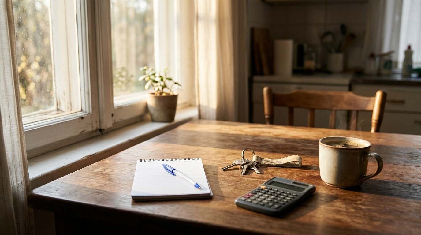Sunlit wooden kitchen table with house keys, a pocket calculator, a blank notepad and a mug of coffee