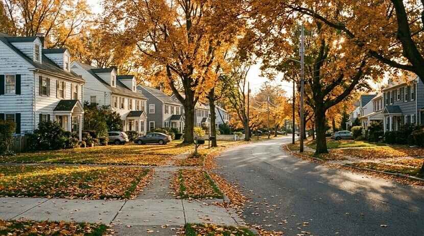 A quiet tree-lined suburban street of white and gray colonial houses with golden autumn leaves