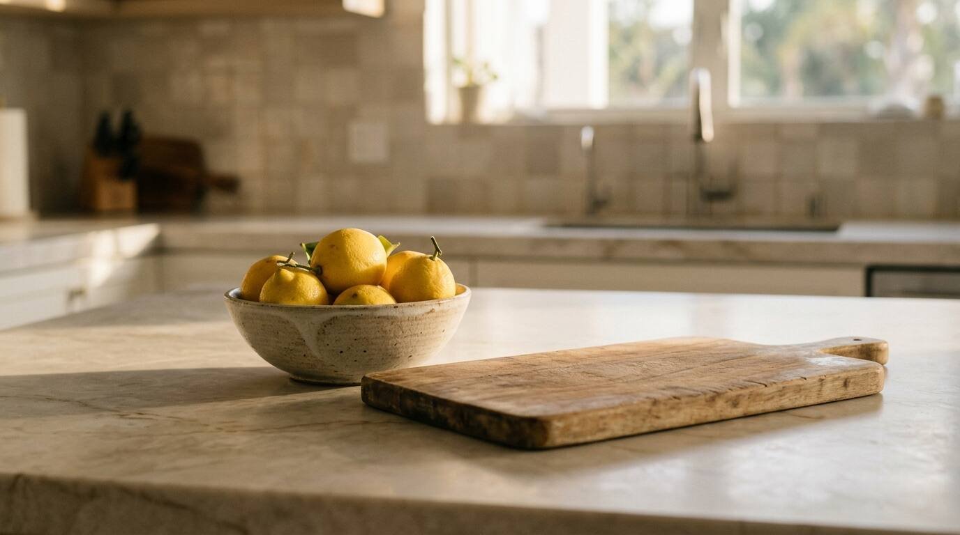 Cleared kitchen counter with a bowl of lemons