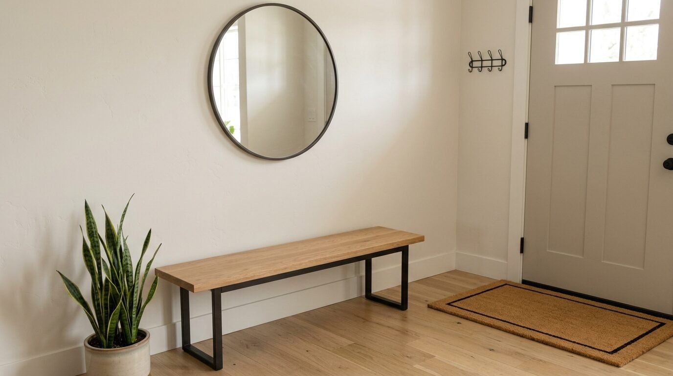 Entryway with a bench and plain mirror