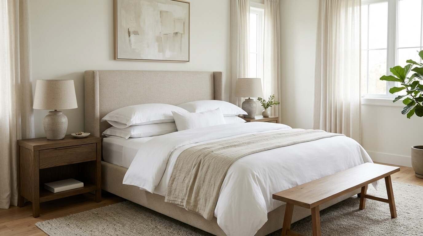 Bedroom with crisp white bedding and matching nightstands