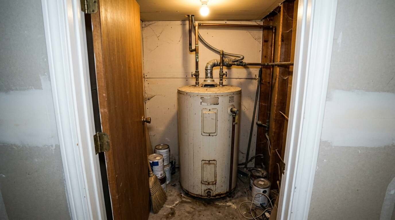 Kitchen appliances with a repair tool bag on the floor