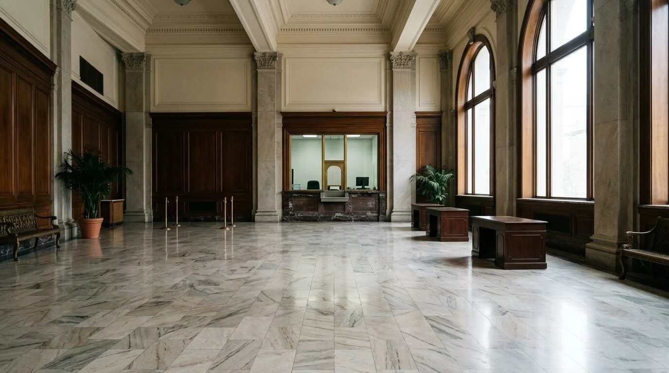 Bank lobby with teller window