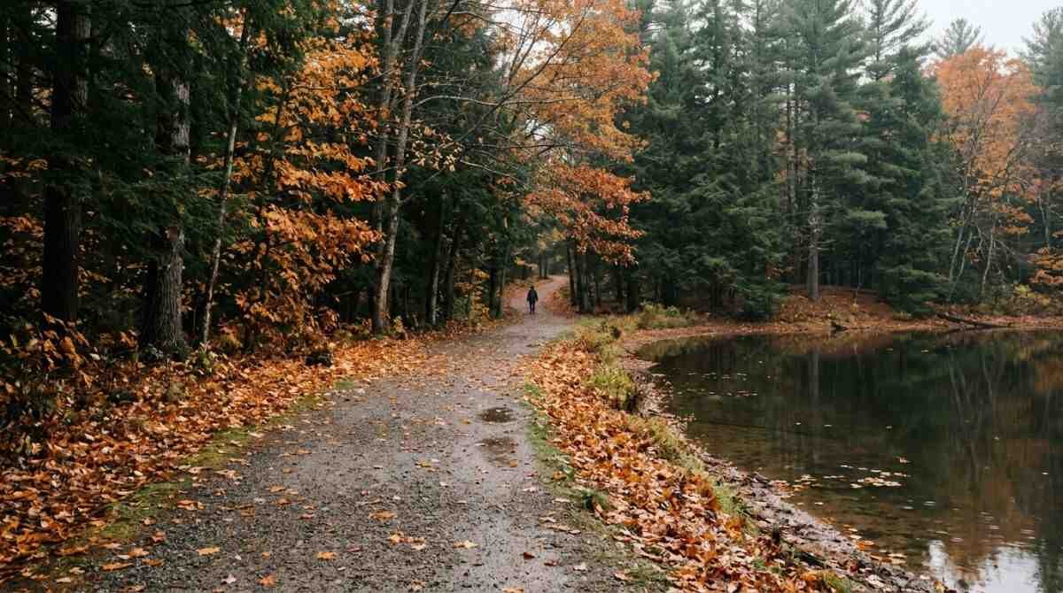 A gravel path beside the pond at Frank Melville Memorial Park in autumn.
