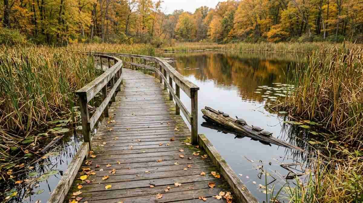 A boardwalk crossing a freshwater pond at a nature preserve like Avalon in Stony Brook.