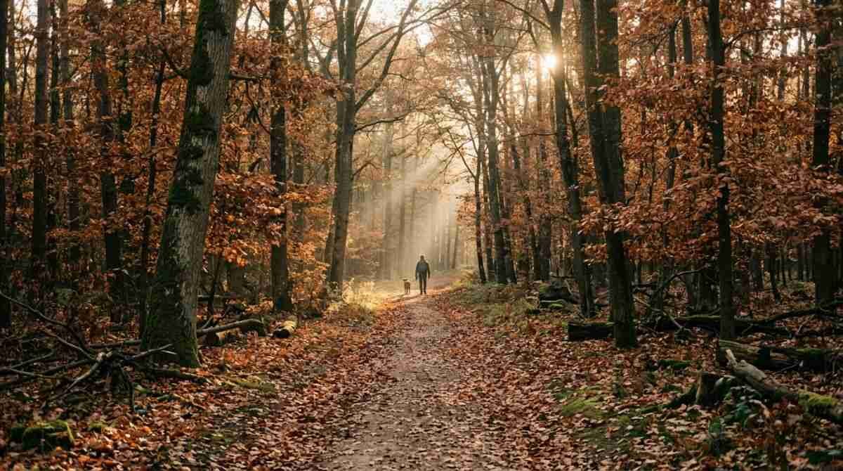 A woodland trail in autumn, similar to the Forest Sanctuary at Avalon Nature Preserve.