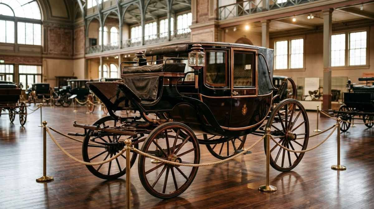 A polished antique carriage on display, typical of the Carriage Museum at the Long Island Museum.