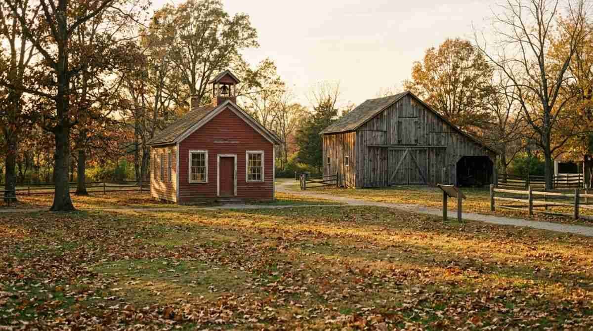 A one-room schoolhouse and old barn on the grounds of the Long Island Museum in Stony Brook.