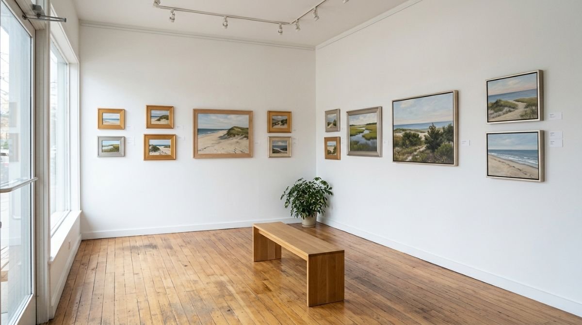 A gallery interior with realist landscape paintings, like those at the Reboli Center in Stony Brook.