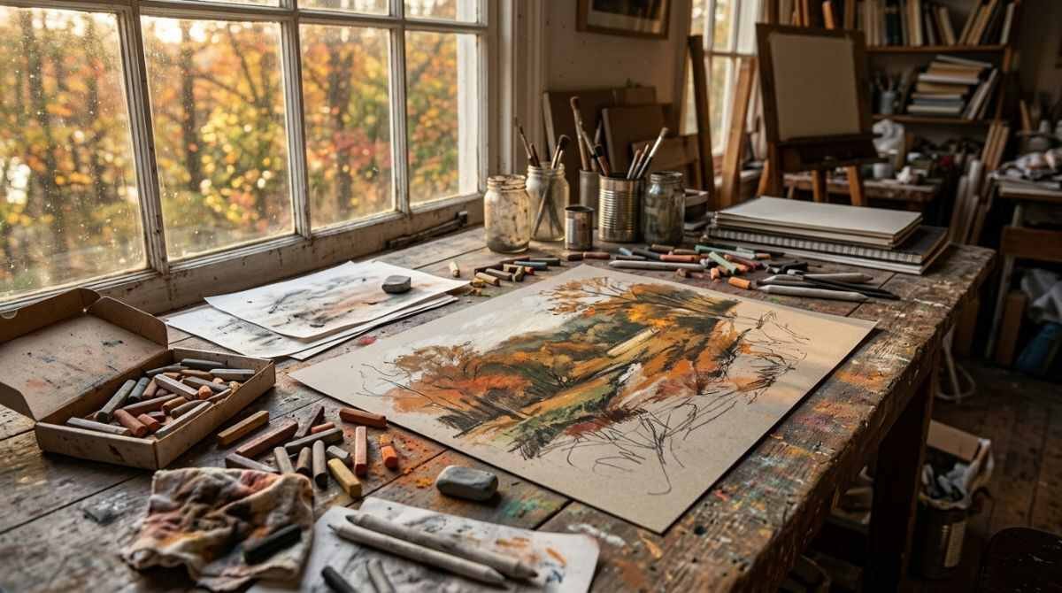 Pastels and sketching supplies of the kind used in Reboli Center art workshops.