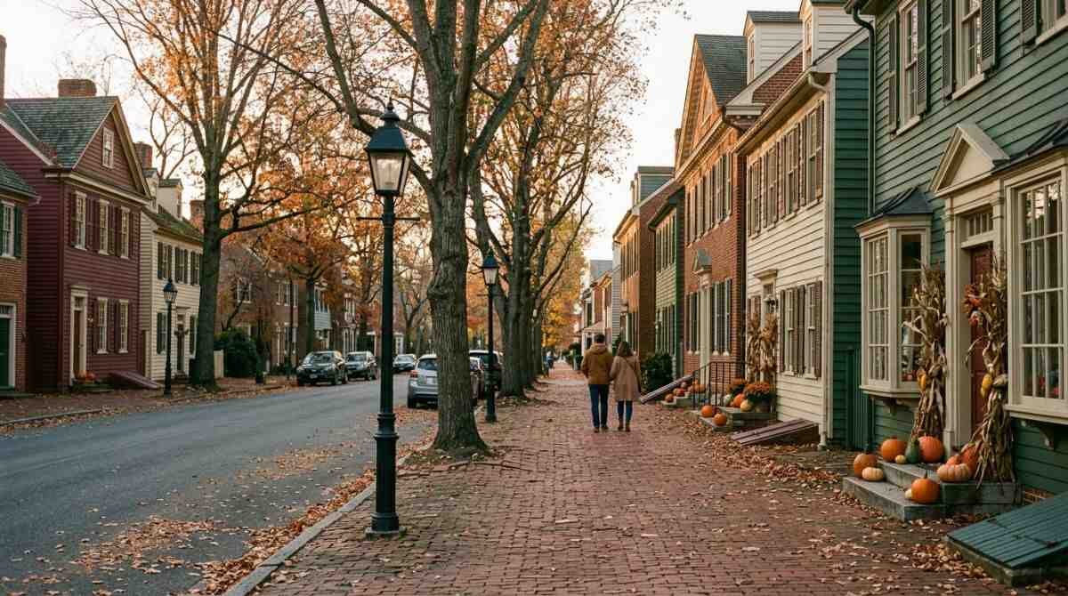 A village street in autumn near the Reboli Center in Stony Brook Village.