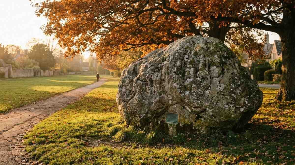 A boulder on a Setauket village green in autumn, one of the Revolutionary-era sites on a Three Village Historical Society walking route.