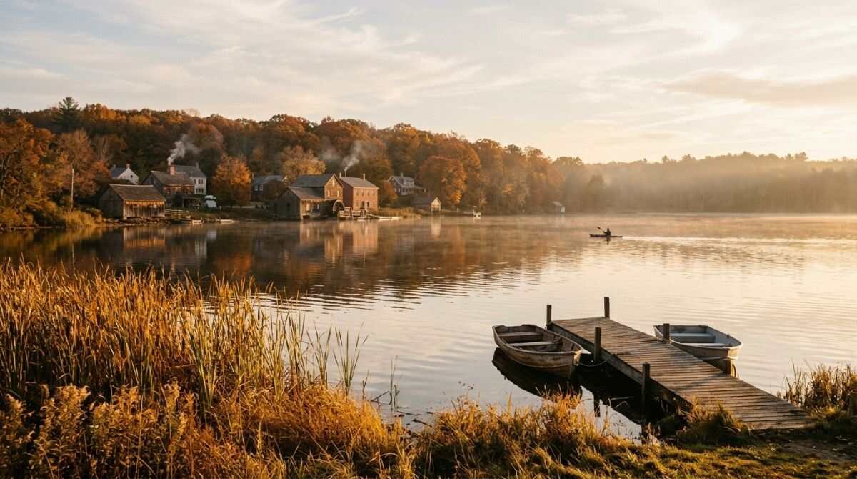 A quiet harbor-side dock near Setauket, where maritime history tours explore the Three Village shoreline.
