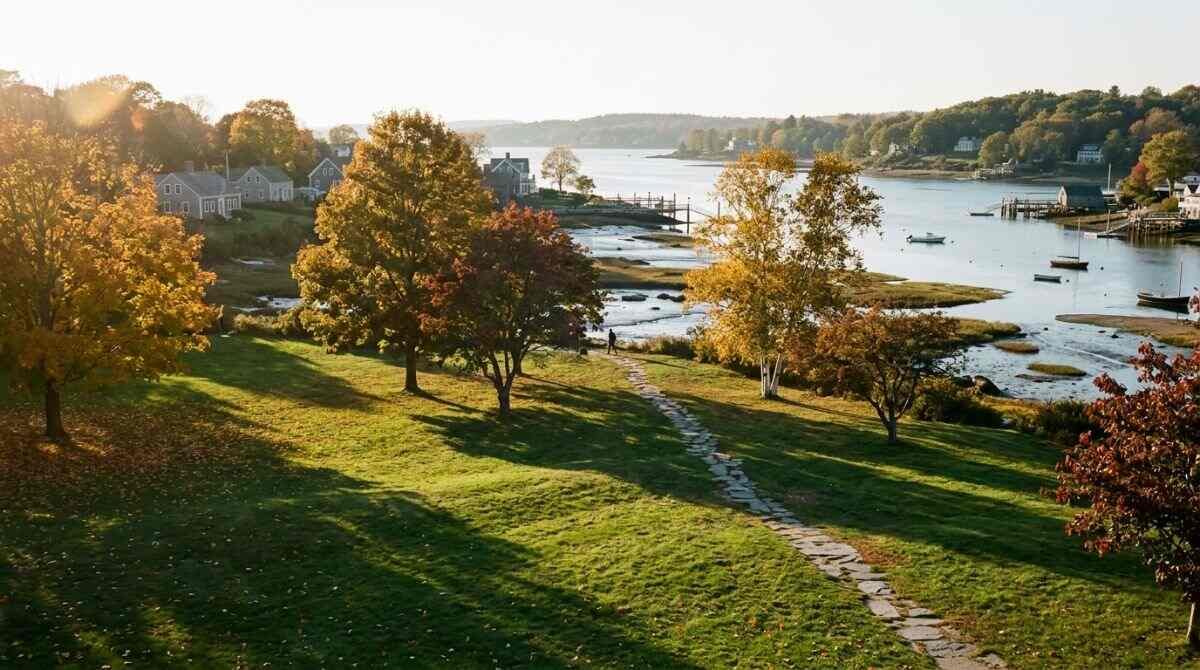 A village green sloping to a harbor, part of the planned Stony Brook Village Center landscape.