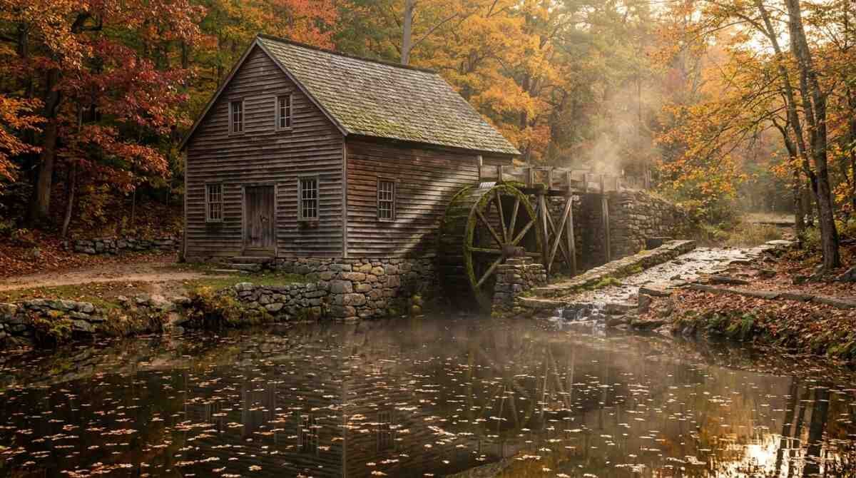 A historic grist mill and millpond near Stony Brook Village Center in autumn.