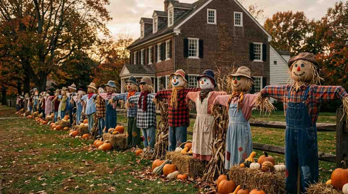 Scarecrows displayed beside colonial-style buildings during the October Stony Brook Village scarecrow season.