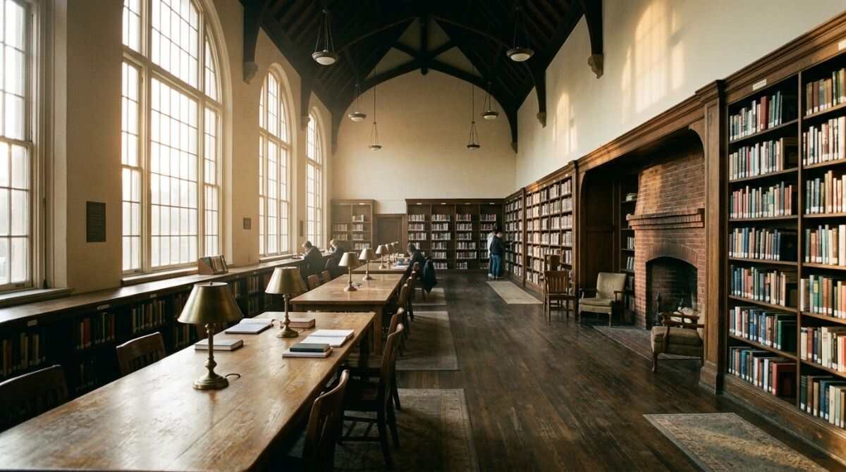A bright public library reading room with a fireplace alcove, similar to the historic spaces at the Emma S. Clark Memorial Library.