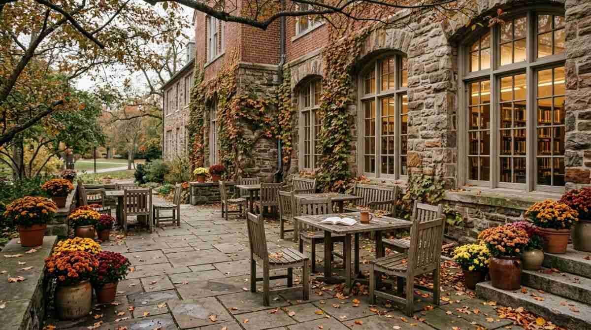 An outdoor library terrace in autumn, like the Emma S. Clark Library terrace completed in 2022.