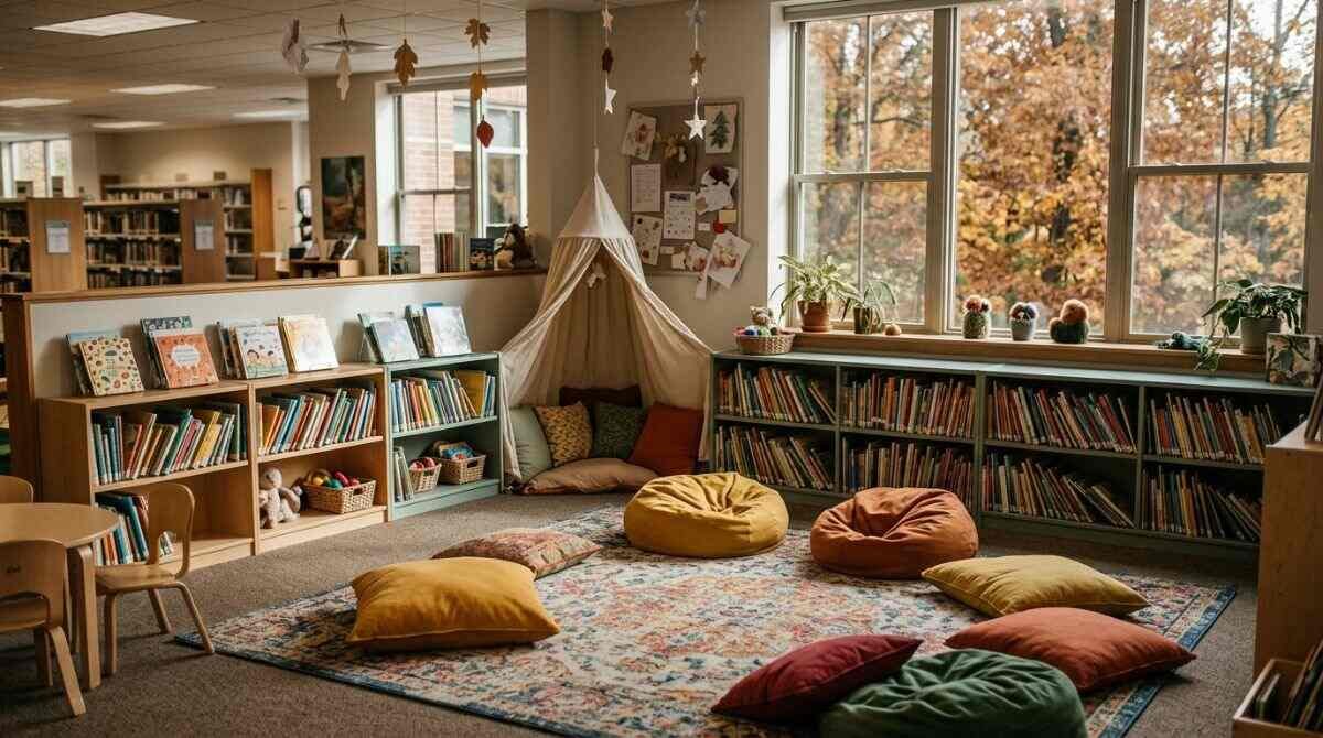 A children's reading corner in a public library, reflecting the children's services at the Emma S. Clark Library in Setauket.