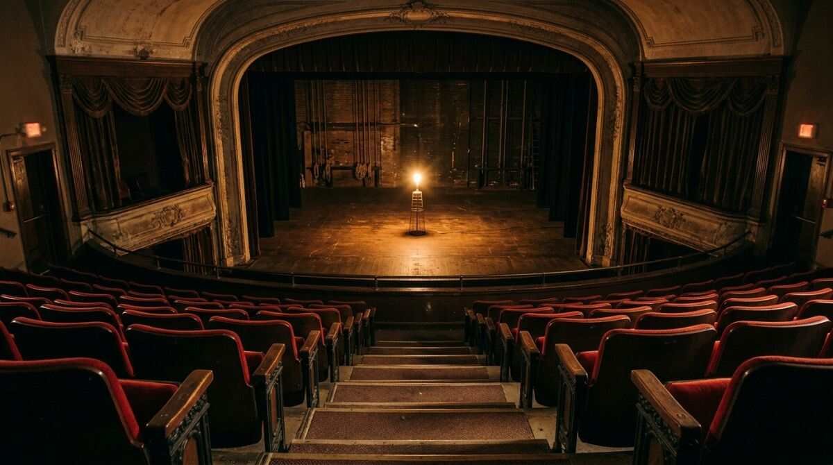 A small raked-seating theater interior like the one at Theatre Three in Port Jefferson.